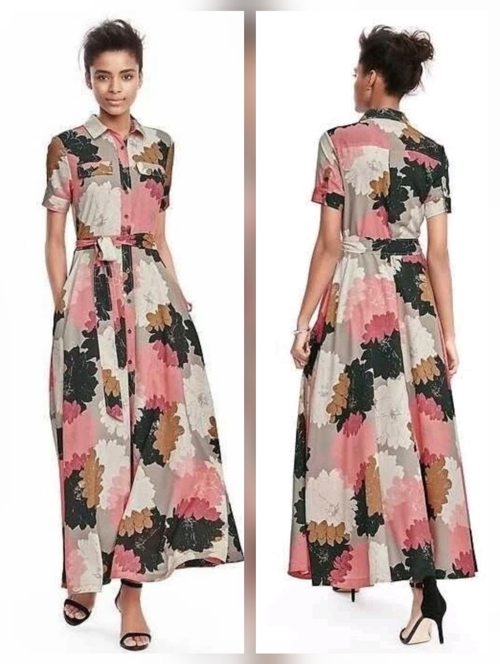 Banana Republic Floral‎ Button-Front Belted Maxi Shirt Dress Pockets